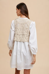 Annie Wear Crochet Vest Notched Long Sleeve Shirt Dress OutfitFlow